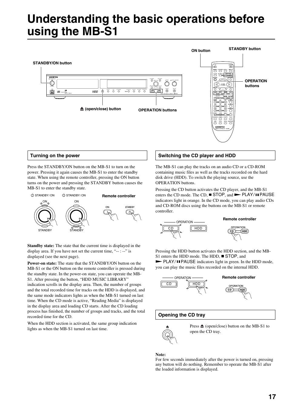 Opening the cd tray, Turning on the power, Switching the cd player and hdd | Onkyo MB-S1 User Manual | Page 18 / 62