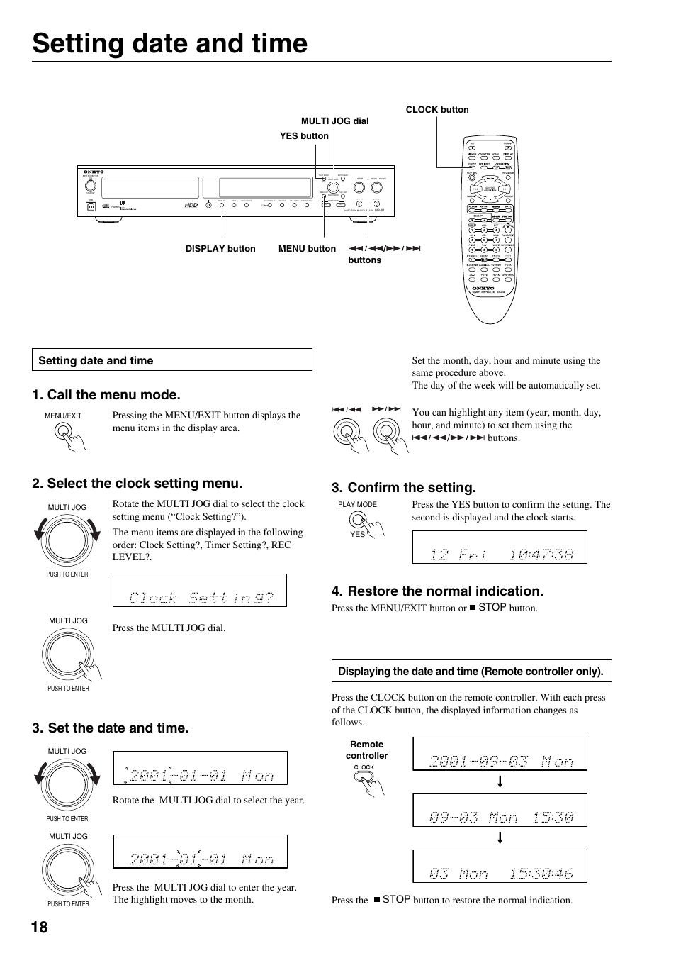 Date/time set, Setting date and time, Select the clock setting menu | Call the menu mode, Set the date and time, Confirm the setting, Restore the normal indication, Press the menu/exit button or stop button | Onkyo MB-S1 User Manual | Page 19 / 62