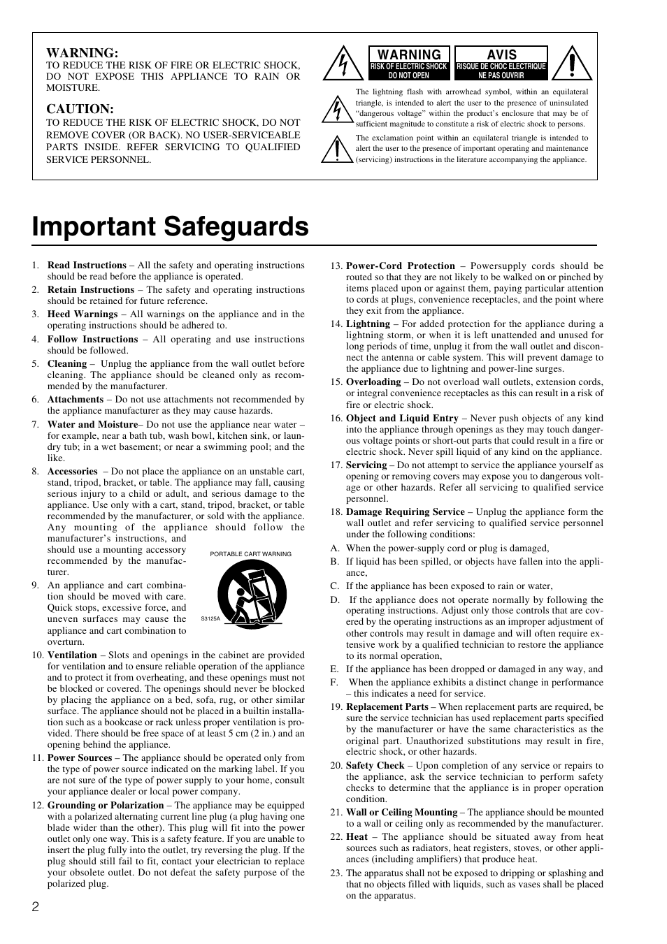 Important safeguards, Warning, Caution | Avis | Onkyo MB-S1 User Manual | Page 2 / 62
