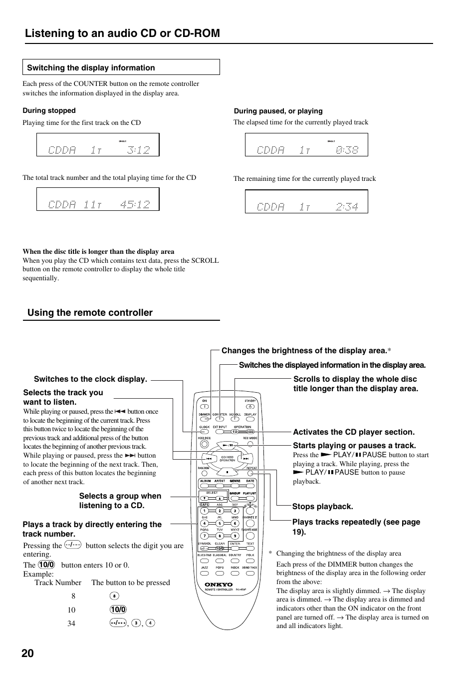 20 listening to an audio cd or cd-rom, Using the remote controller | Onkyo MB-S1 User Manual | Page 21 / 62