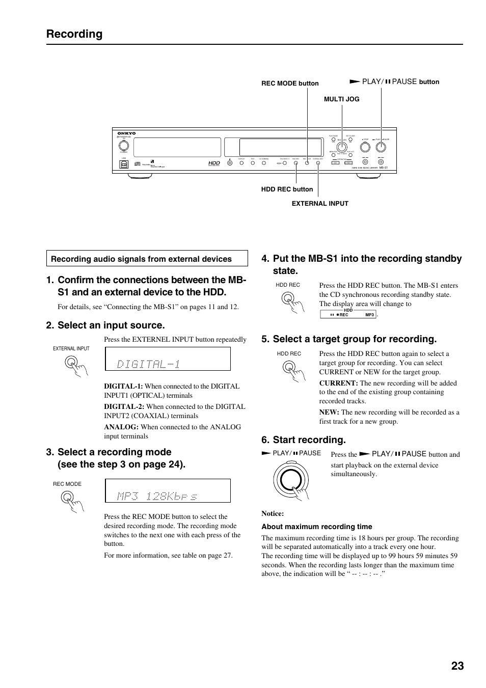 Recording, Select a target group for recording, Start recording | Select an input source, Put the mb-s1 into the recording standby state, Recording audio signals from external devices, Press the externel input button repeatedly | Onkyo MB-S1 User Manual | Page 24 / 62