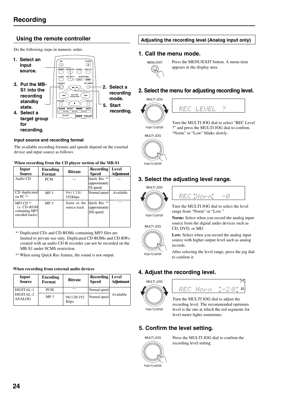 24 recording, Call the menu mode, Select the menu for adjusting recording level | Select the adjusting level range, Using the remote controller, Adjust the recording level, Confirm the level setting | Onkyo MB-S1 User Manual | Page 25 / 62