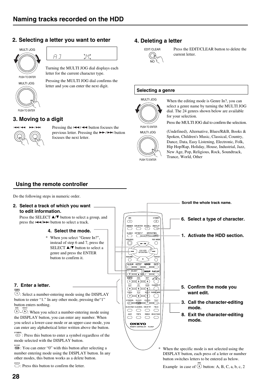 28 naming tracks recorded on the hdd, Using the remote controller, Selecting a letter you want to enter | Moving to a digit, Deleting a letter | Onkyo MB-S1 User Manual | Page 29 / 62