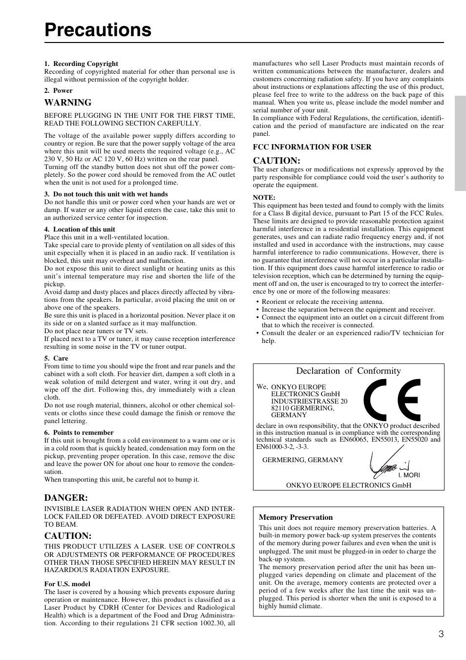 Precautions | Onkyo MB-S1 User Manual | Page 3 / 62