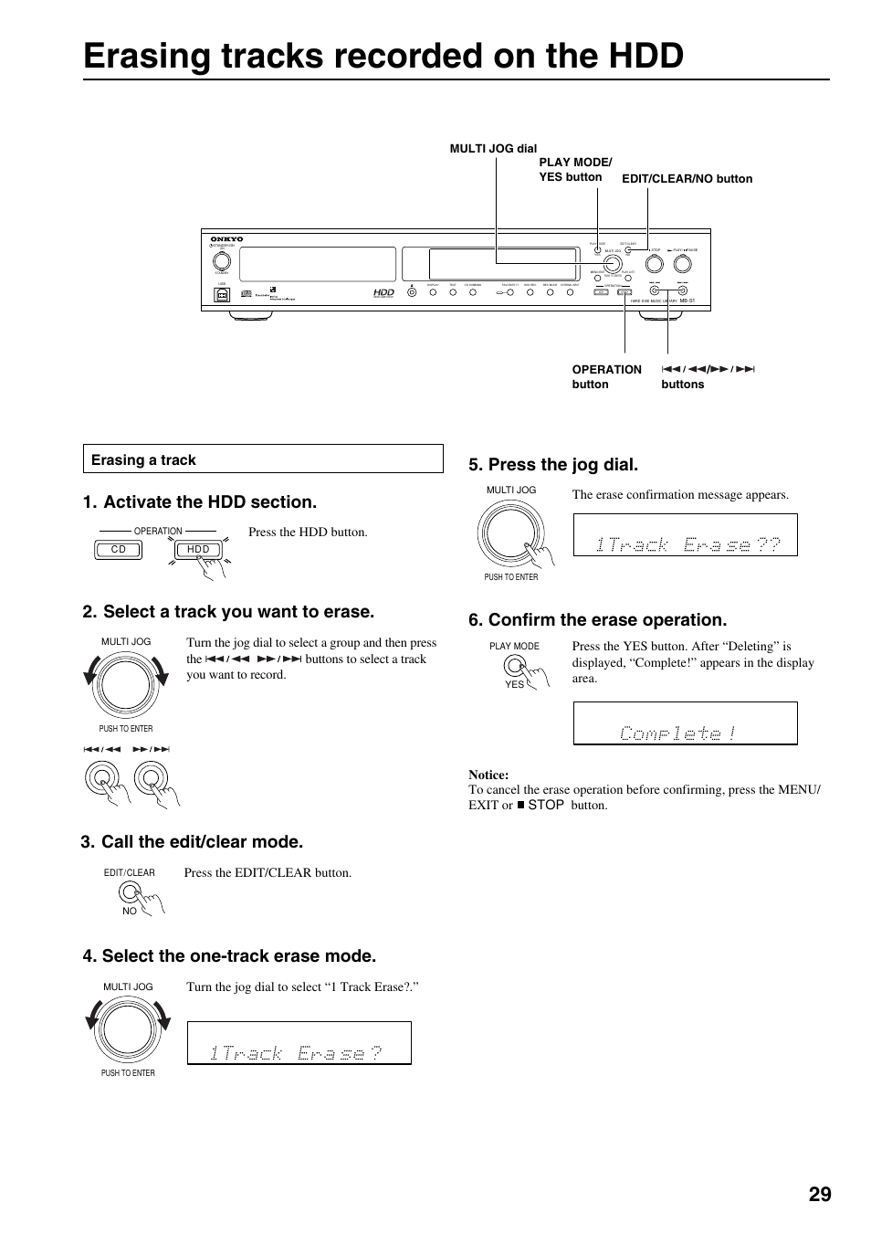 Erasing tracks, Erasing tracks recorded on the hdd, Select a track you want to erase | Call the edit/clear mode, Select the one-track erase mode, Press the jog dial, Confirm the erase operation, Erasing a track, Press the hdd button, Press the edit/clear button | Onkyo MB-S1 User Manual | Page 30 / 62