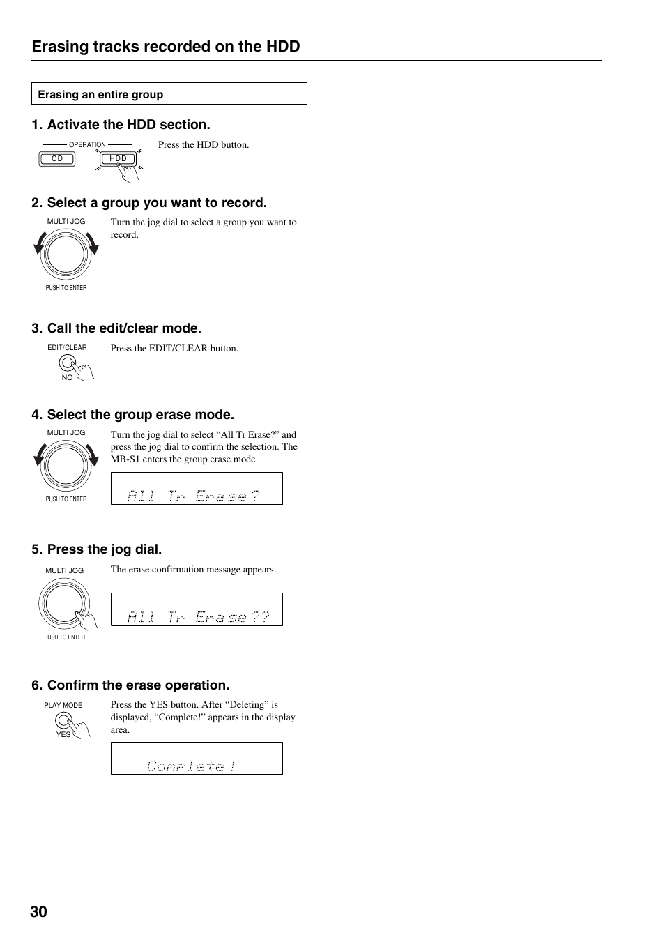 30 erasing tracks recorded on the hdd, Select a group you want to record, Call the edit/clear mode | Select the group erase mode, Press the jog dial, Confirm the erase operation | Onkyo MB-S1 User Manual | Page 31 / 62