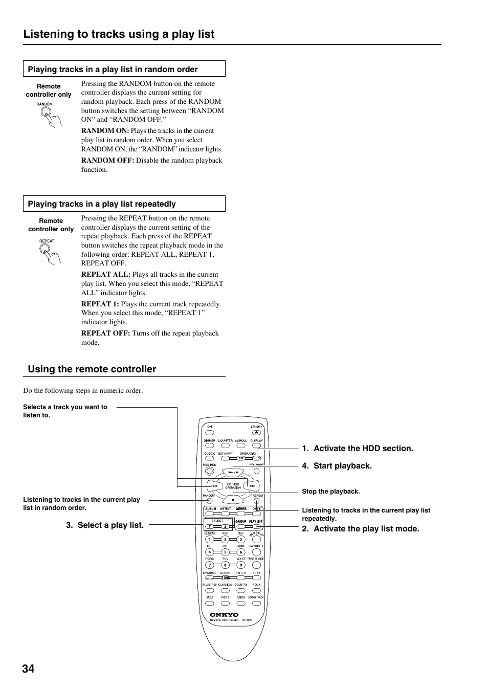 Listening to tracks using a play list, Using the remote controller | Onkyo MB-S1 User Manual | Page 35 / 62