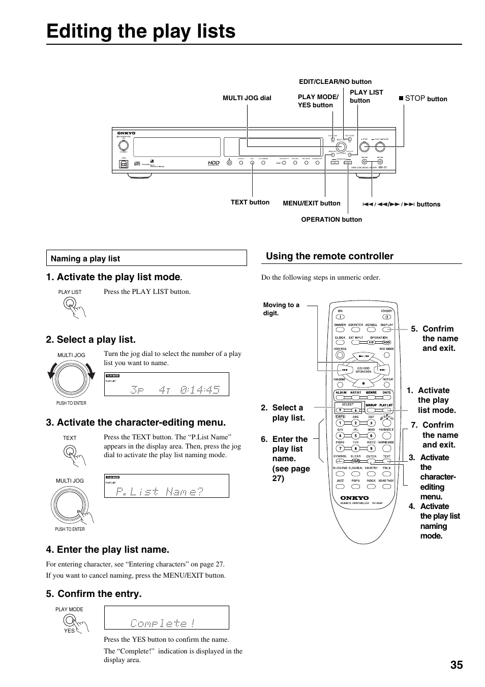 Editing the play lists, Using the remote controller, Activate the play list mode | Select a play list, Activate the character-editing menu, Enter the play list name, Confirm the entry, Confrim the name and exit, Stop, Do the following steps in unmeric order | Onkyo MB-S1 User Manual | Page 36 / 62