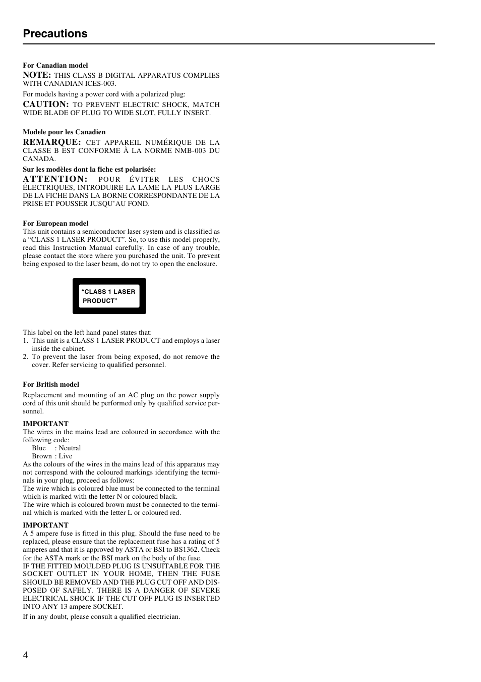 Precautions | Onkyo MB-S1 User Manual | Page 4 / 62