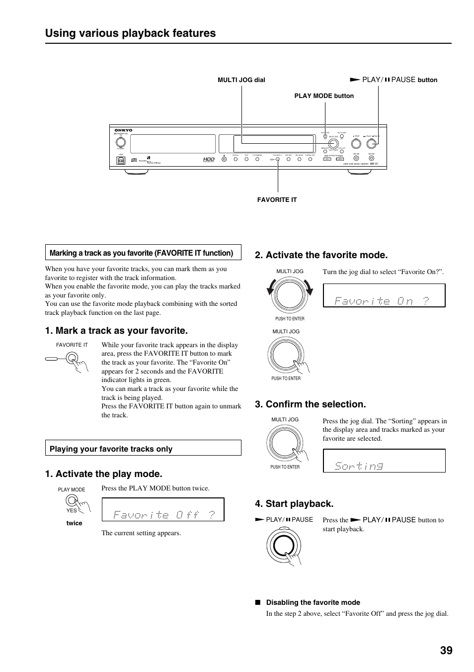 39 using various playback features, Mark a track as your favorite, Activate the play mode | Activate the favorite mode, Confirm the selection, Start playback, Playing your favorite tracks only, Press the play mode button twice, Play pause, The current setting appears | Onkyo MB-S1 User Manual | Page 40 / 62