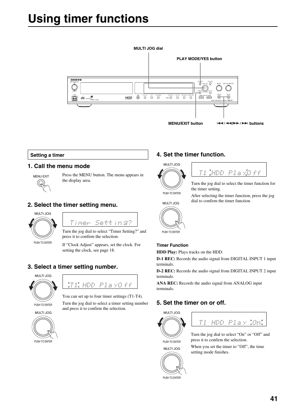 Timer, Using timer functions, Call the menu mode | Select the timer setting menu, Select a timer setting number, Set the timer function, Set the timer on or off, Setting a timer | Onkyo MB-S1 User Manual | Page 42 / 62