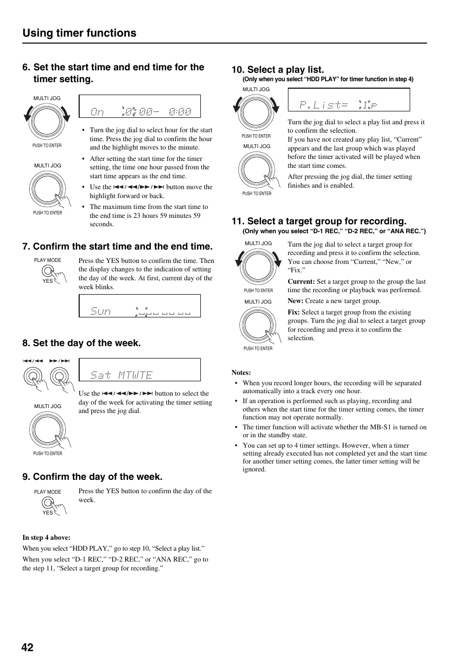 42 using timer functions, Confirm the start time and the end time, Set the day of the week. 10. select a play list | Confirm the day of the week, Select a target group for recording | Onkyo MB-S1 User Manual | Page 43 / 62