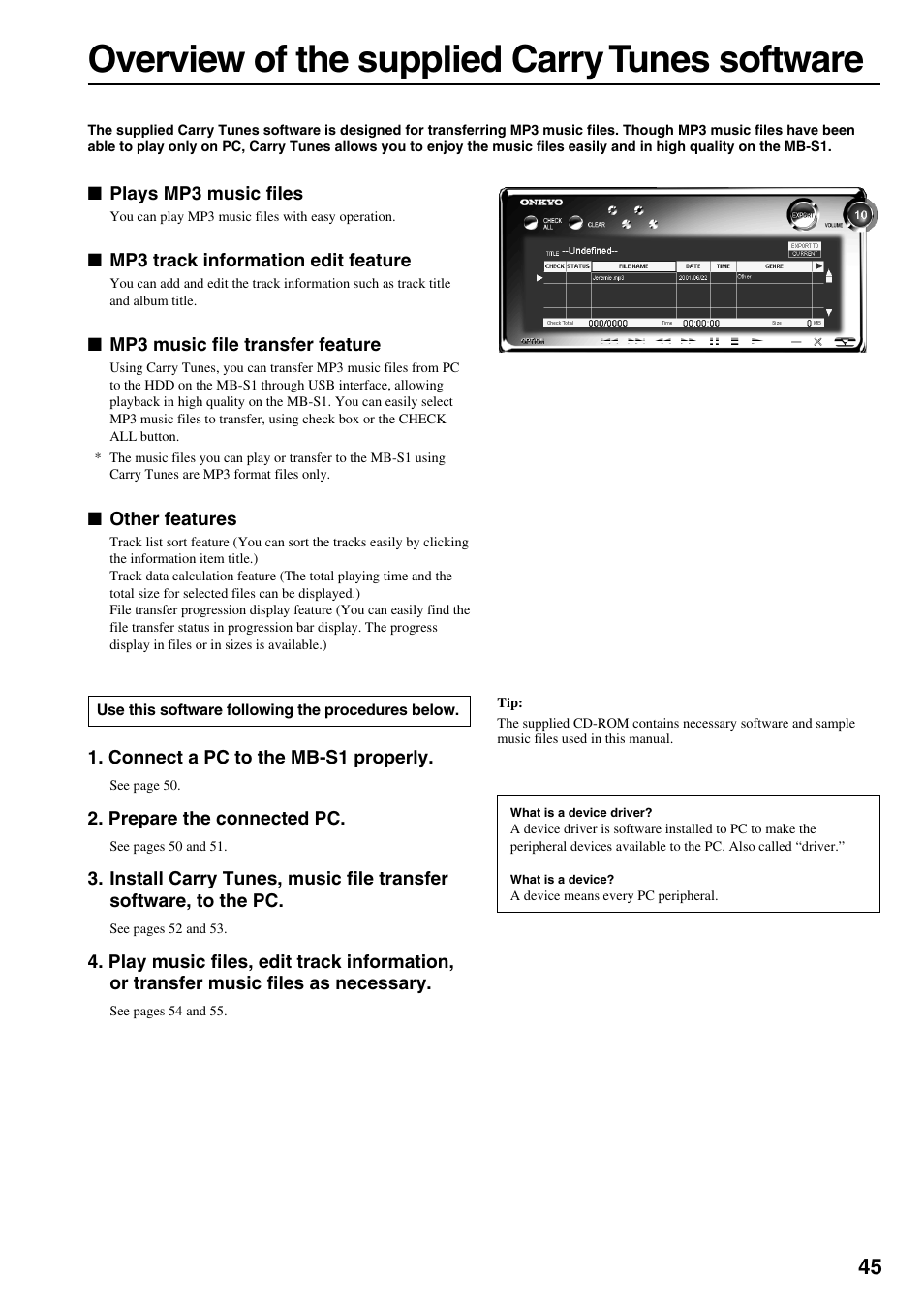 Carry tunes software, Overview of the supplied carry tunes software | Onkyo MB-S1 User Manual | Page 46 / 62