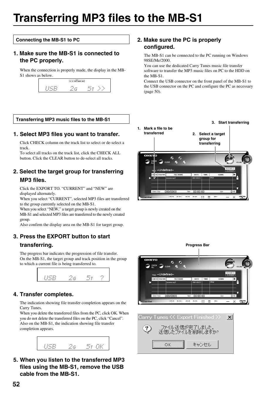 Transferring mp3's to mb-s1, Transferring mp3 files to the mb-s1 | Onkyo MB-S1 User Manual | Page 53 / 62