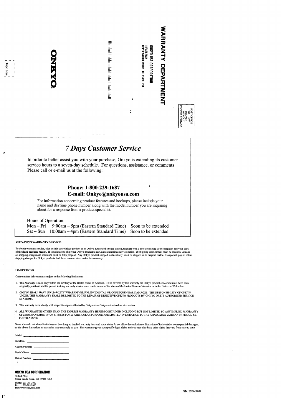 Warranty info | Onkyo MB-S1 User Manual | Page 61 / 62