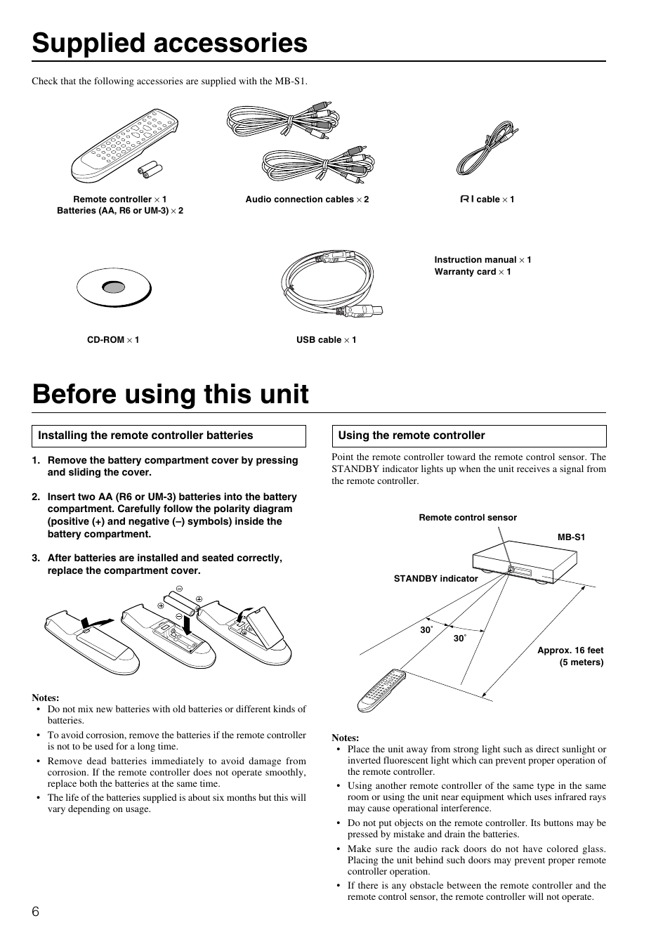 Parts, Before using this unit supplied accessories | Onkyo MB-S1 User Manual | Page 7 / 62