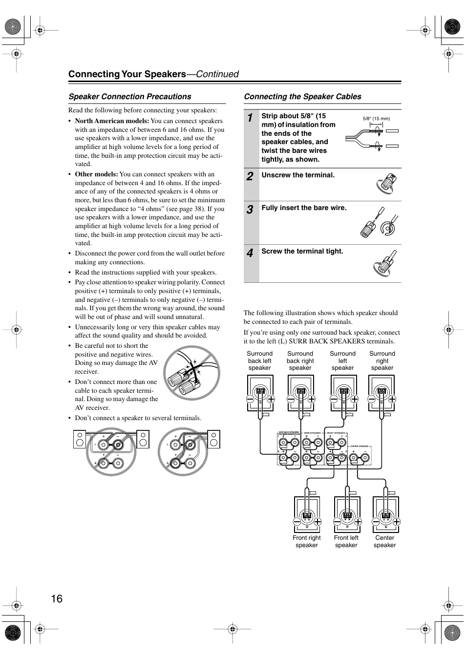 Connecting your speakers —continued | Onkyo TX-SR506 User Manual | Page 16 / 96