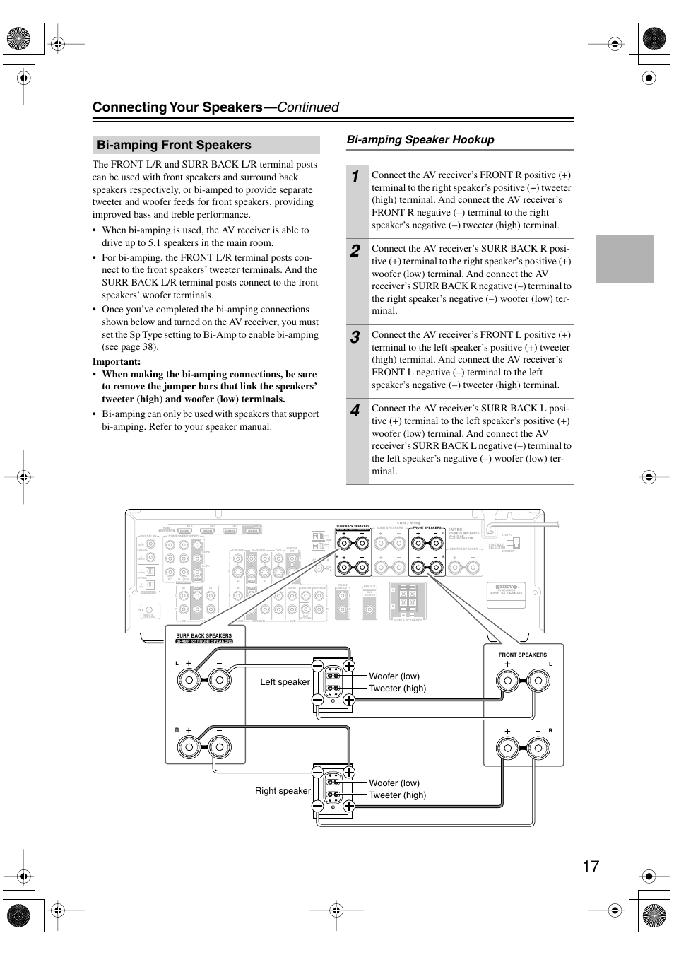 Connecting your speakers —continued, Bi-amping front speakers, Bi-amping speaker hookup | Onkyo TX-SR506 User Manual | Page 17 / 96