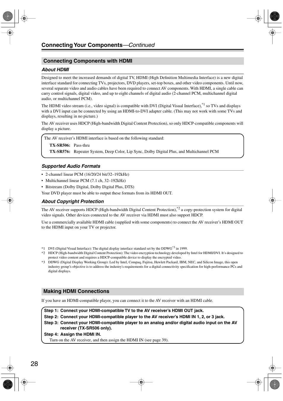 Connecting your components —continued | Onkyo TX-SR506 User Manual | Page 28 / 96