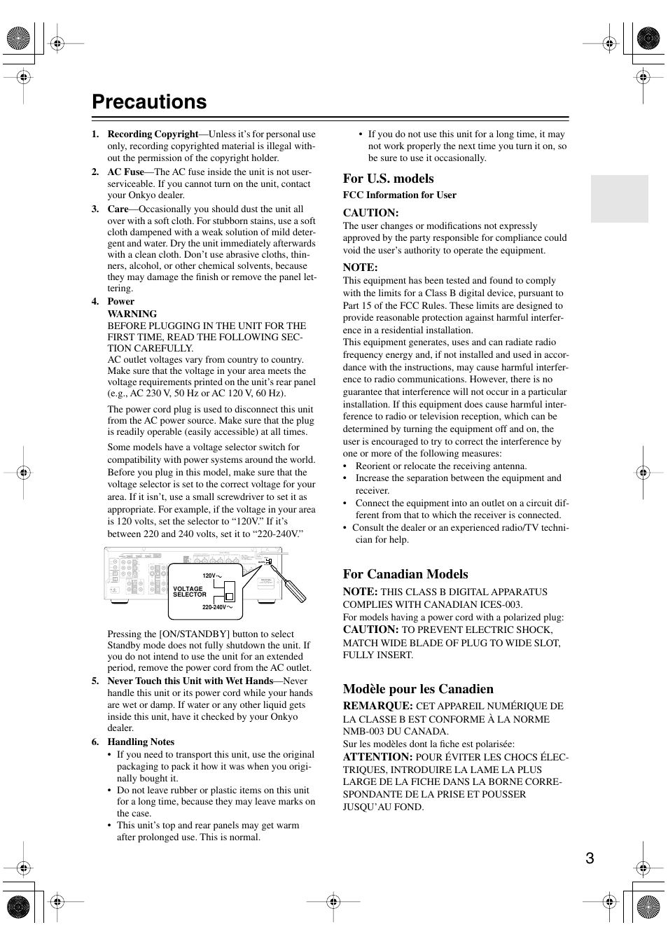 Precautions, For u.s. models, For canadian models | Modèle pour les canadien | Onkyo TX-SR506 User Manual | Page 3 / 96