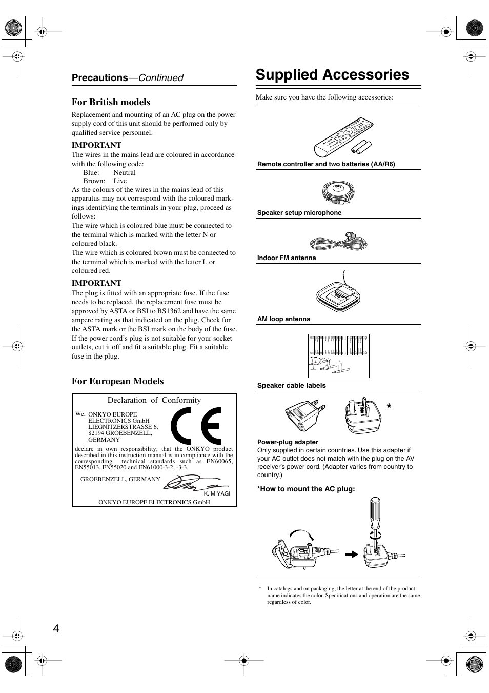 Supplied accessories, Precautions —continued for british models, For european models | Important, Declaration of conformity, Make sure you have the following accessories, How to mount the ac plug, Speaker cable, Speaker cable labels, K. miyagi | Onkyo TX-SR506 User Manual | Page 4 / 96