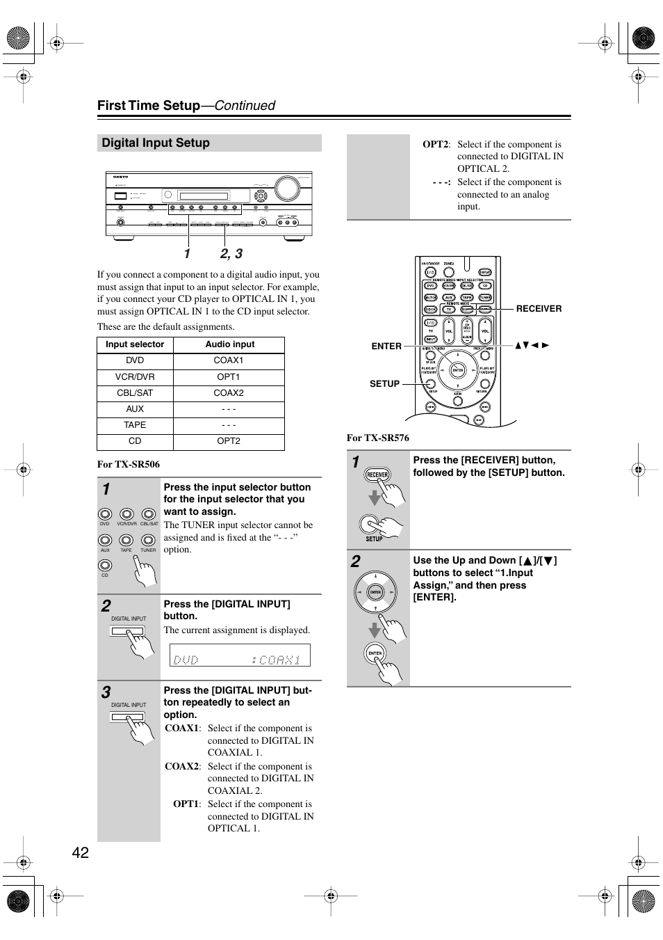 First time setup —continued, Digital input setup | Onkyo TX-SR506 User Manual | Page 42 / 96