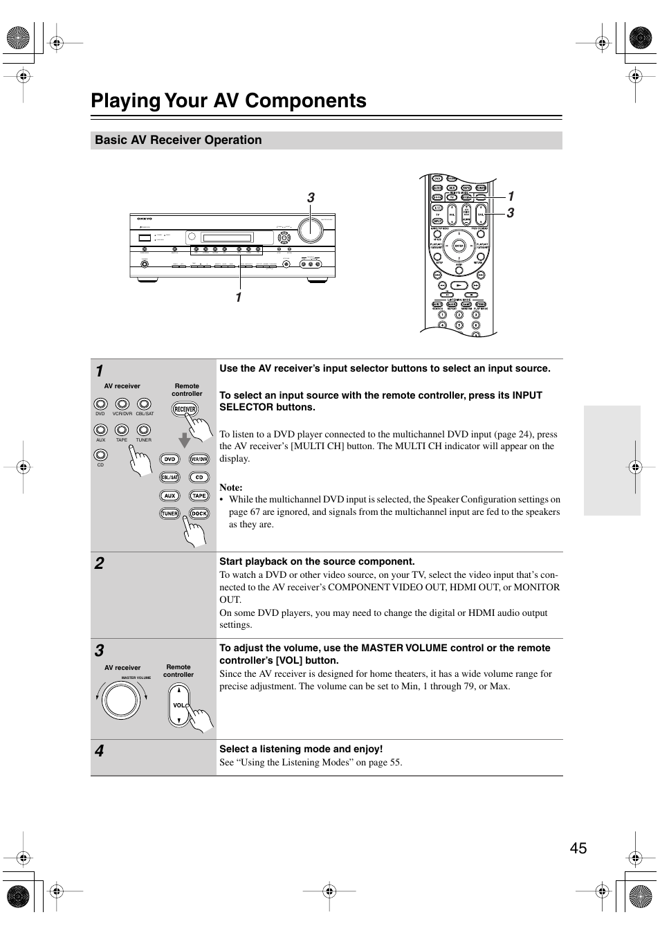 Playing your av components, Basic av receiver operation | Onkyo TX-SR506 User Manual | Page 45 / 96
