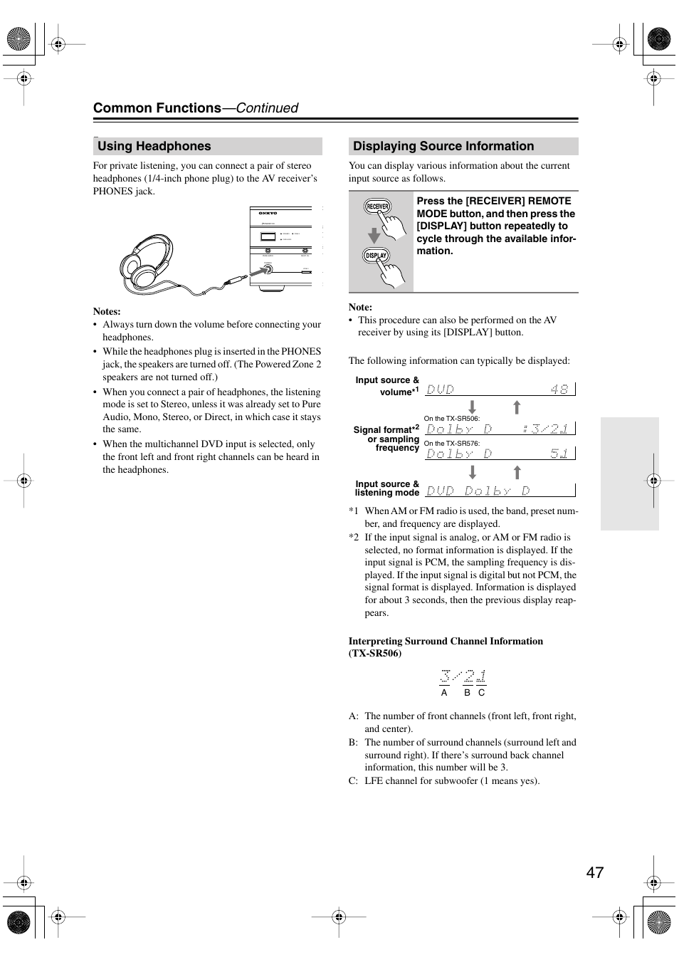 Common functions —continued, Using headphones, Displaying source information | Onkyo TX-SR506 User Manual | Page 47 / 96