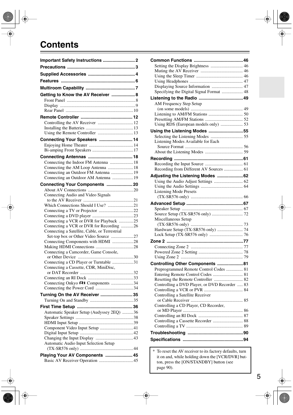 Onkyo TX-SR506 User Manual | Page 5 / 96