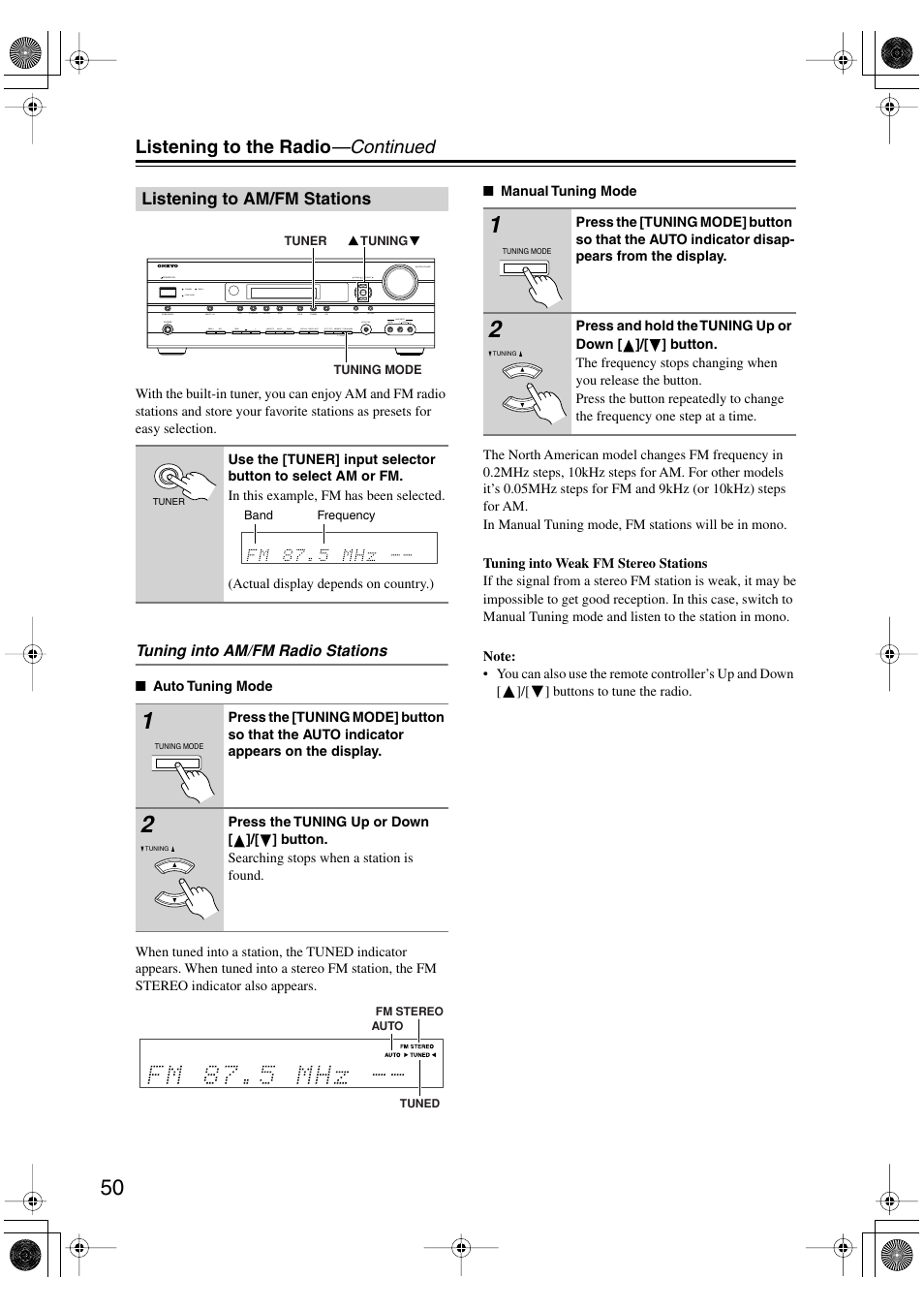 Listening to the radio —continued, Listening to am/fm stations | Onkyo TX-SR506 User Manual | Page 50 / 96