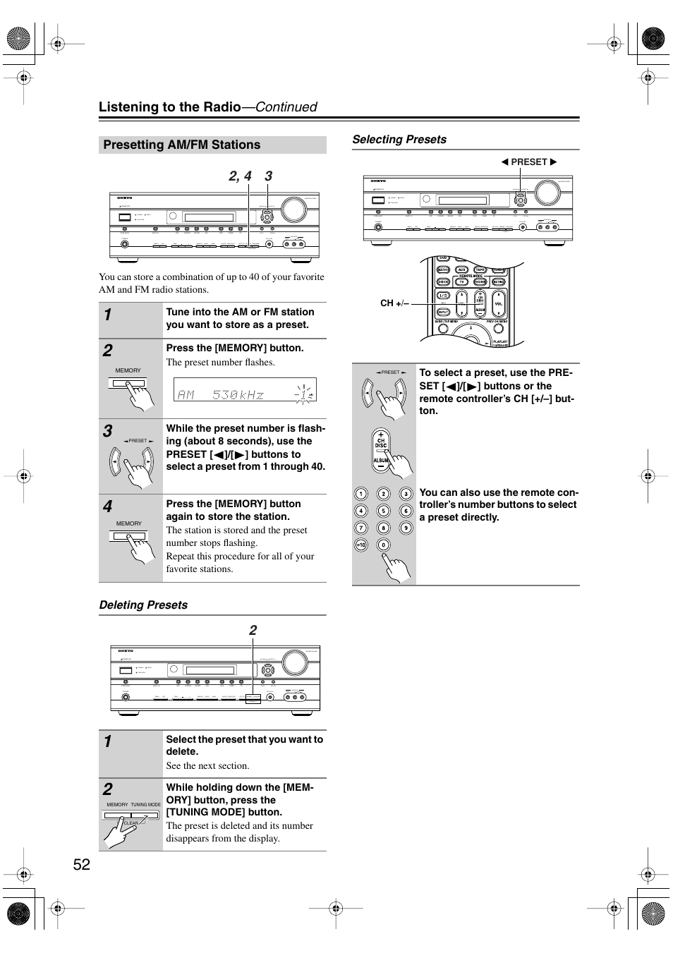Listening to the radio —continued, Presetting am/fm stations, Deleting presets selecting presets | Onkyo TX-SR506 User Manual | Page 52 / 96