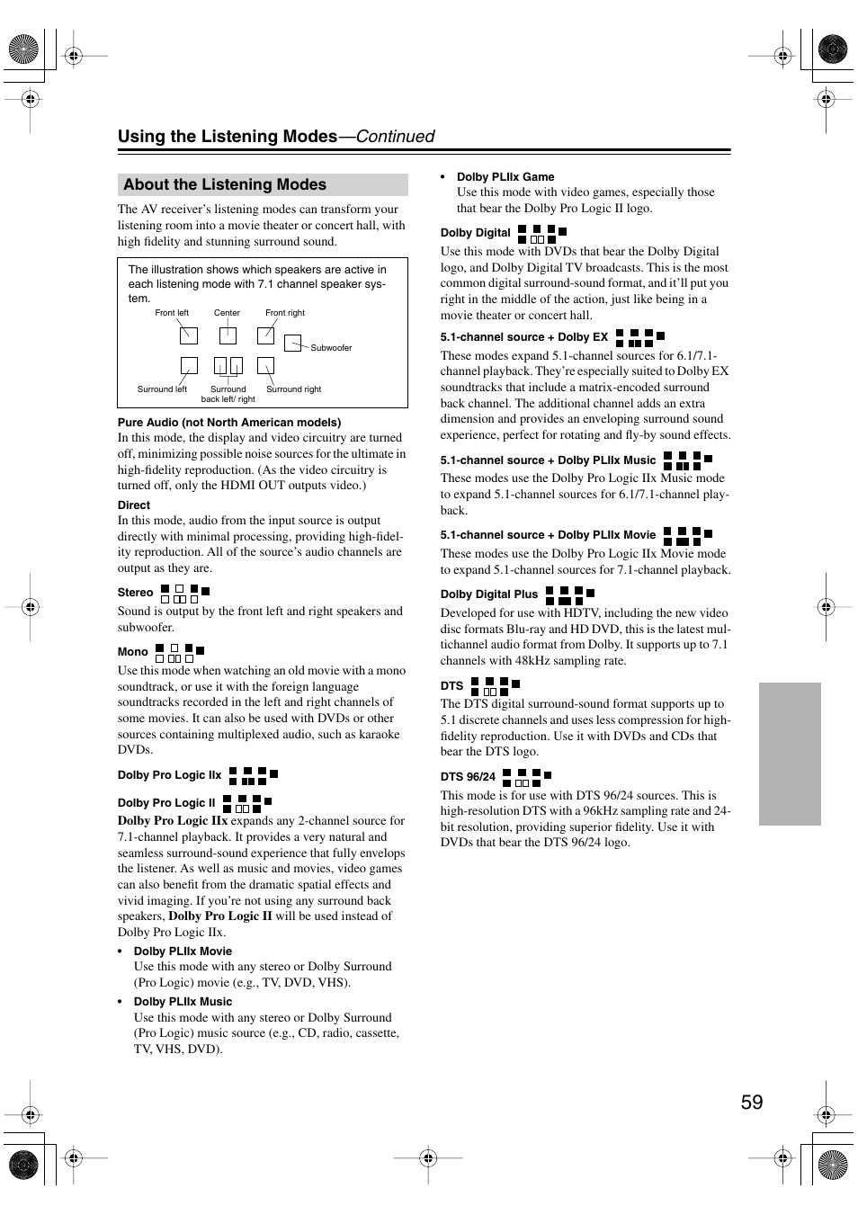 Using the listening modes —continued, About the listening modes | Onkyo TX-SR506 User Manual | Page 59 / 96