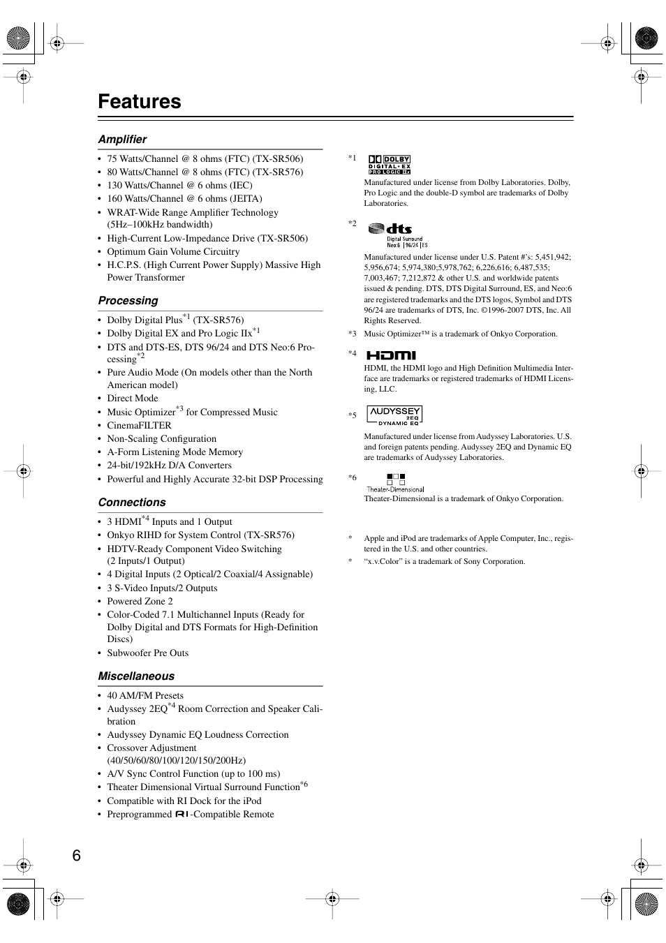 Features | Onkyo TX-SR506 User Manual | Page 6 / 96