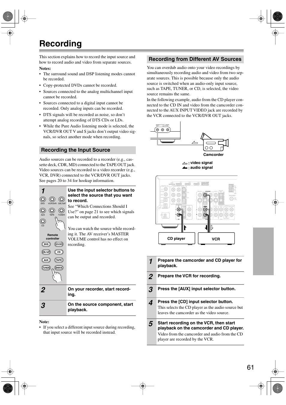 Recording, Recording the input source, Recording from different av sources | On your recorder, start record- ing, On the source component, start playback, Prepare the camcorder and cd player for playback, Prepare the vcr for recording, Press the [aux] input selector button | Onkyo TX-SR506 User Manual | Page 61 / 96
