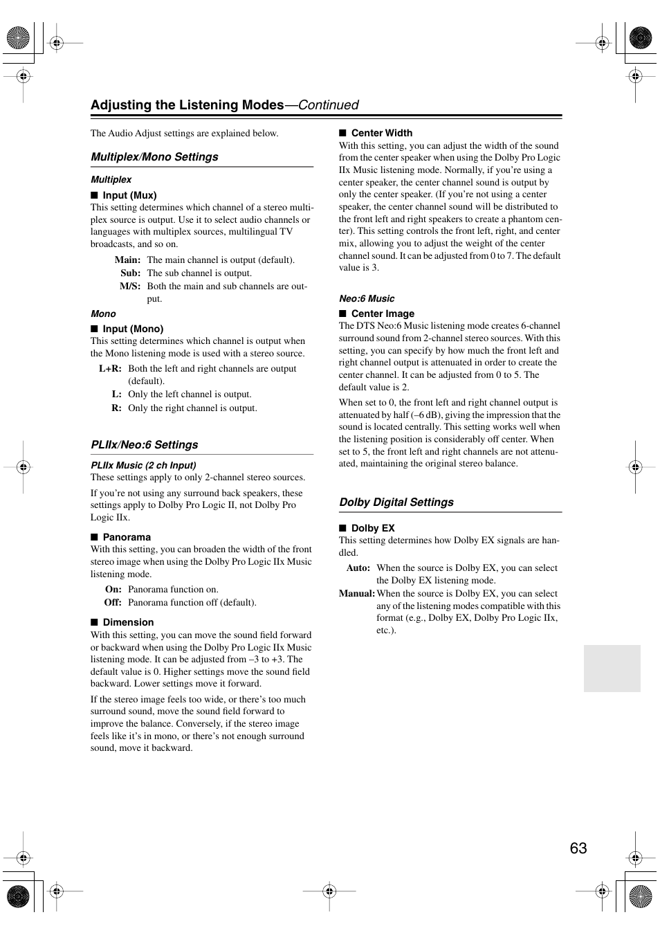 Adjusting the listening modes —continued | Onkyo TX-SR506 User Manual | Page 63 / 96