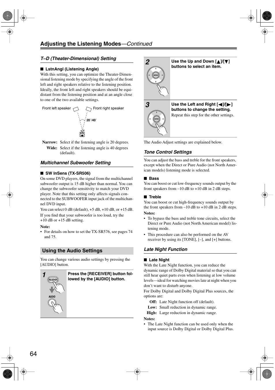 Adjusting the listening modes —continued | Onkyo TX-SR506 User Manual | Page 64 / 96