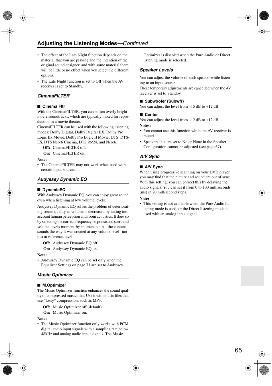 Adjusting the listening modes —continued | Onkyo TX-SR506 User Manual | Page 65 / 96