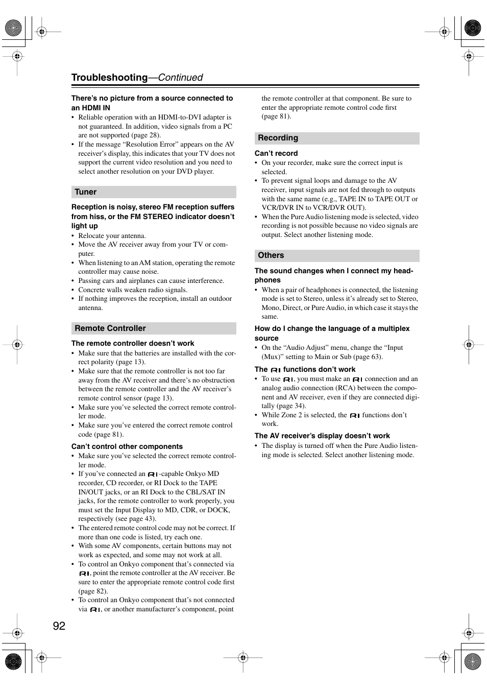 Troubleshooting —continued | Onkyo TX-SR506 User Manual | Page 92 / 96