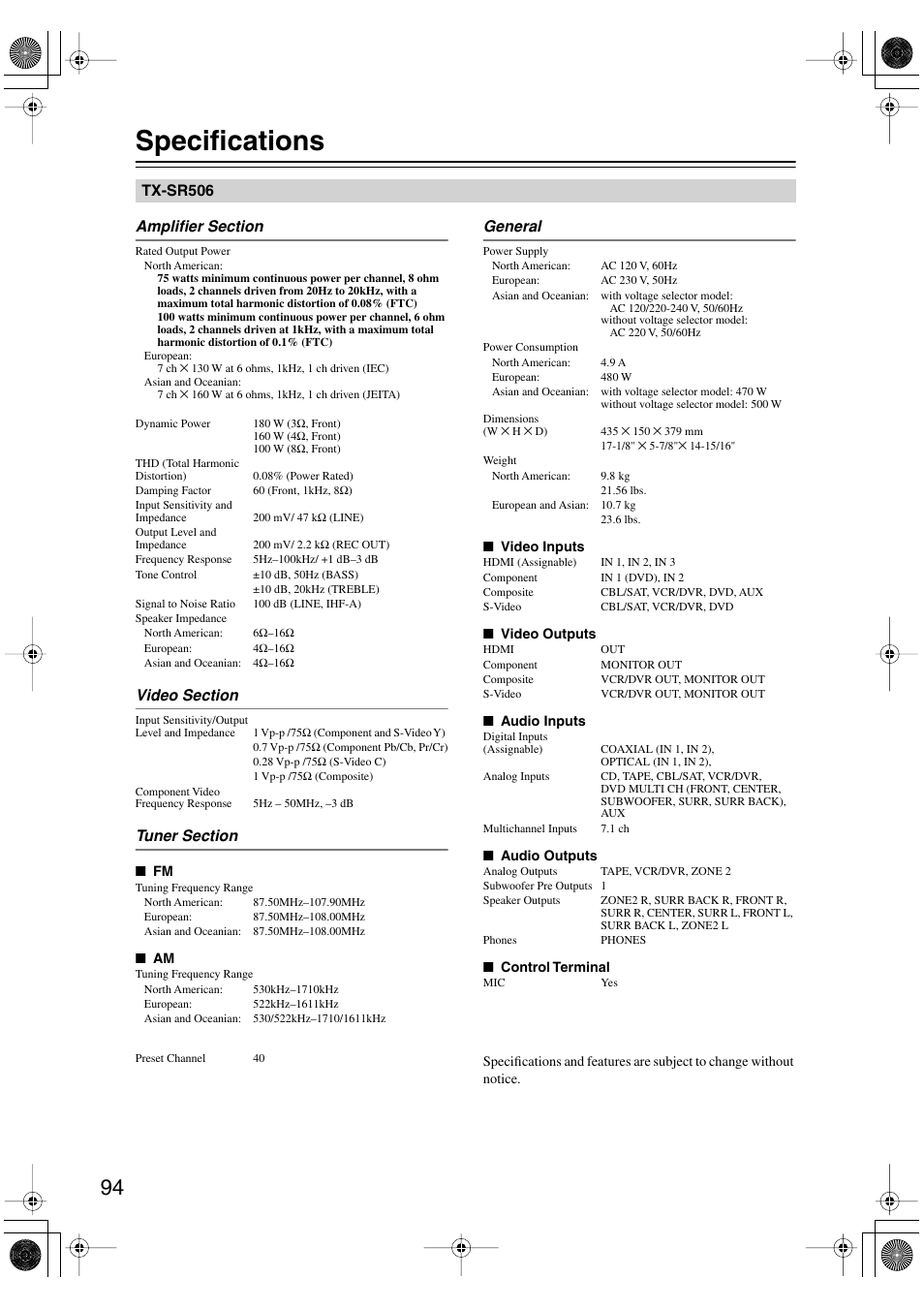 Specifications | Onkyo TX-SR506 User Manual | Page 94 / 96
