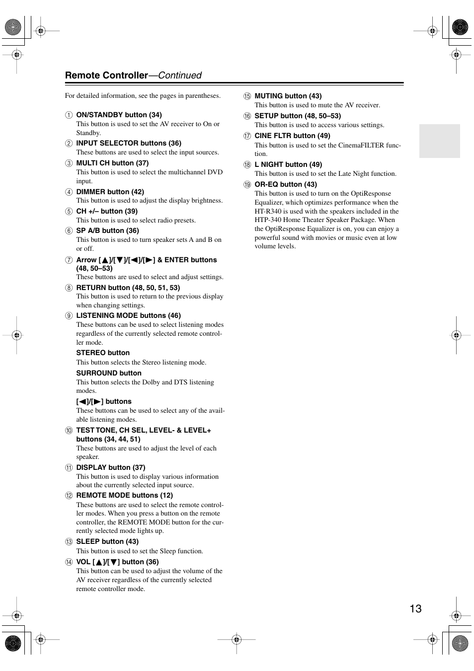 Remote controller —continued | Onkyo HT-S590 User Manual | Page 13 / 60