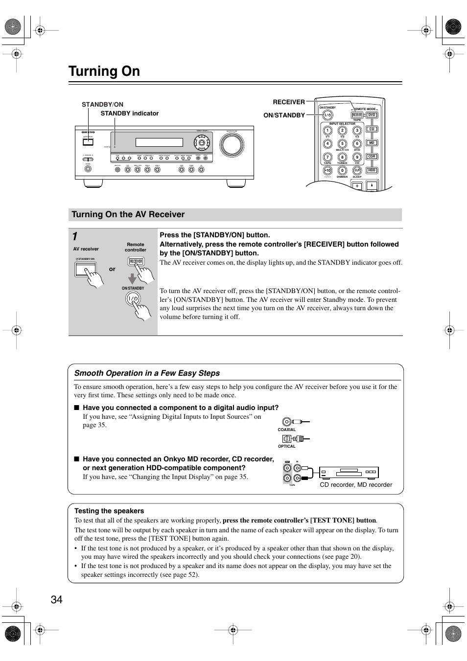 Turning on, Turning on the av receiver, Smooth operation in a few easy steps | Standby/on, Receiver on/standby standby indicator, Cd recorder, md recorder | Onkyo HT-S590 User Manual | Page 34 / 60