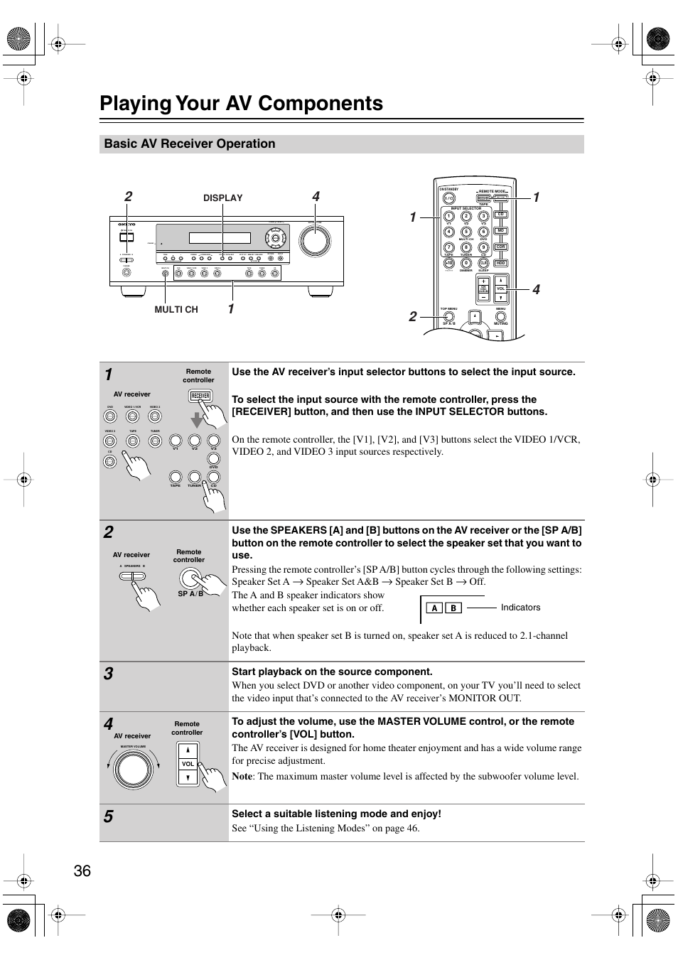 Playing your av components, Basic av receiver operation, Standby | Speaker set a&b, Speaker set b | Onkyo HT-S590 User Manual | Page 36 / 60