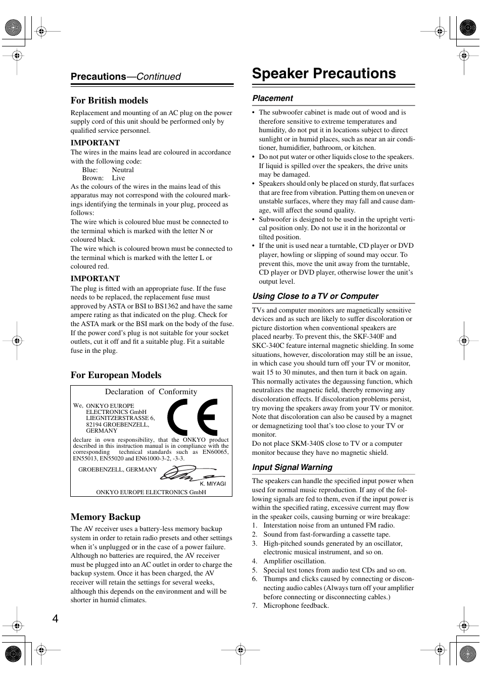 Speaker precautions | Onkyo HT-S590 User Manual | Page 4 / 60