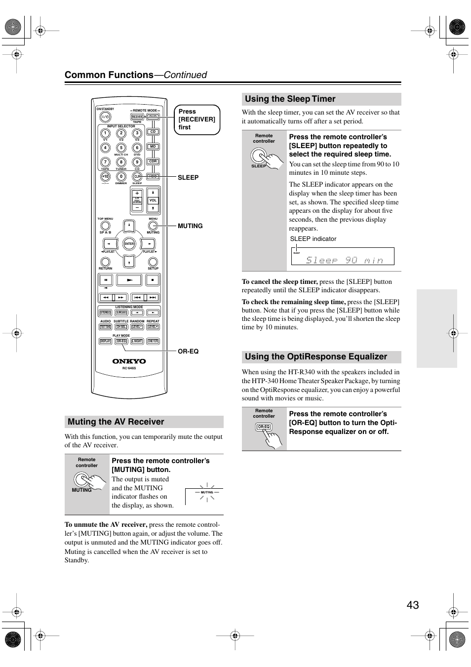 Common functions —continued, Muting the av receiver, Using the sleep timer | Using the optiresponse equalizer | Onkyo HT-S590 User Manual | Page 43 / 60