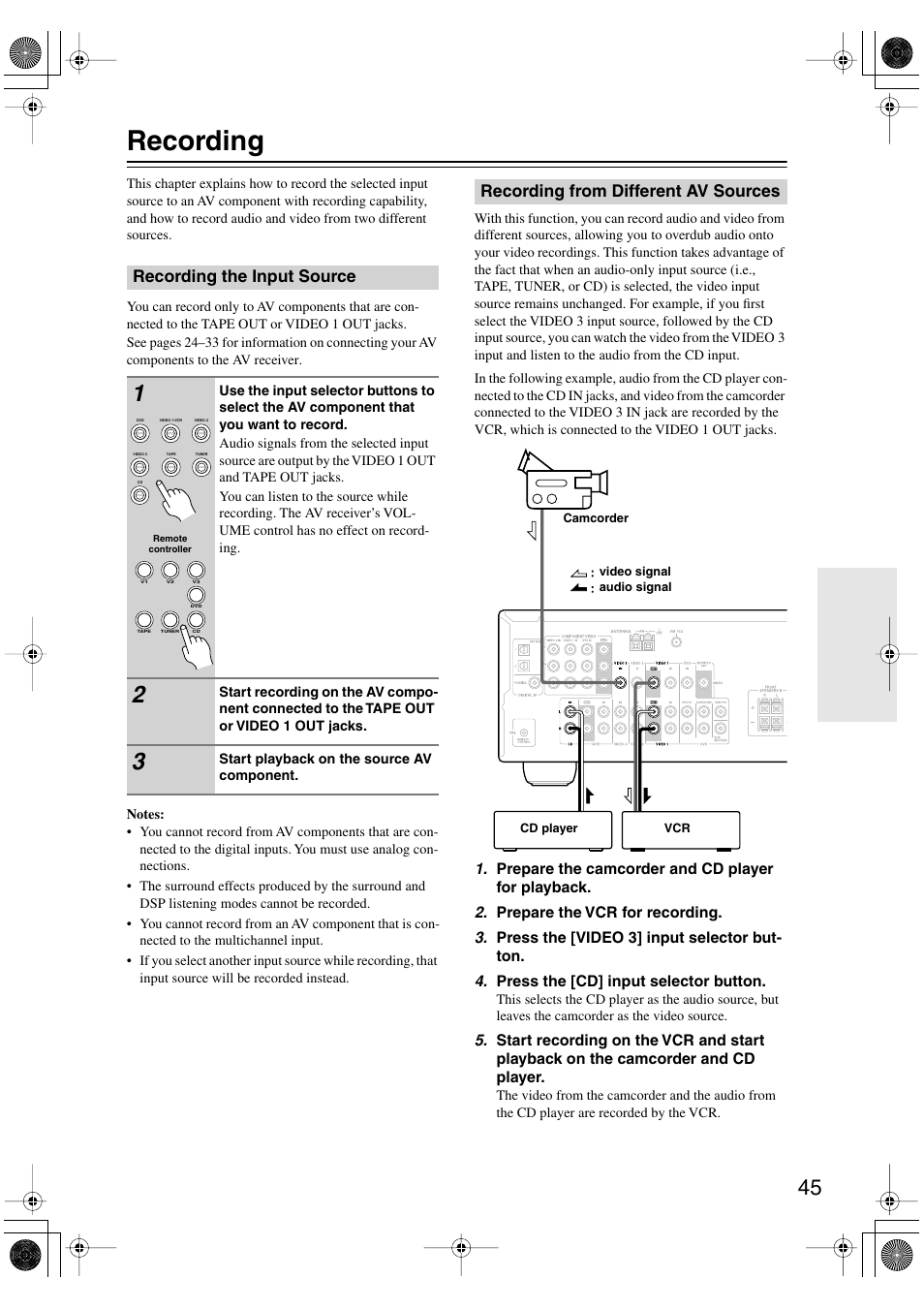 Recording, Recording the input source, Recording from different av sources | Onkyo HT-S590 User Manual | Page 45 / 60
