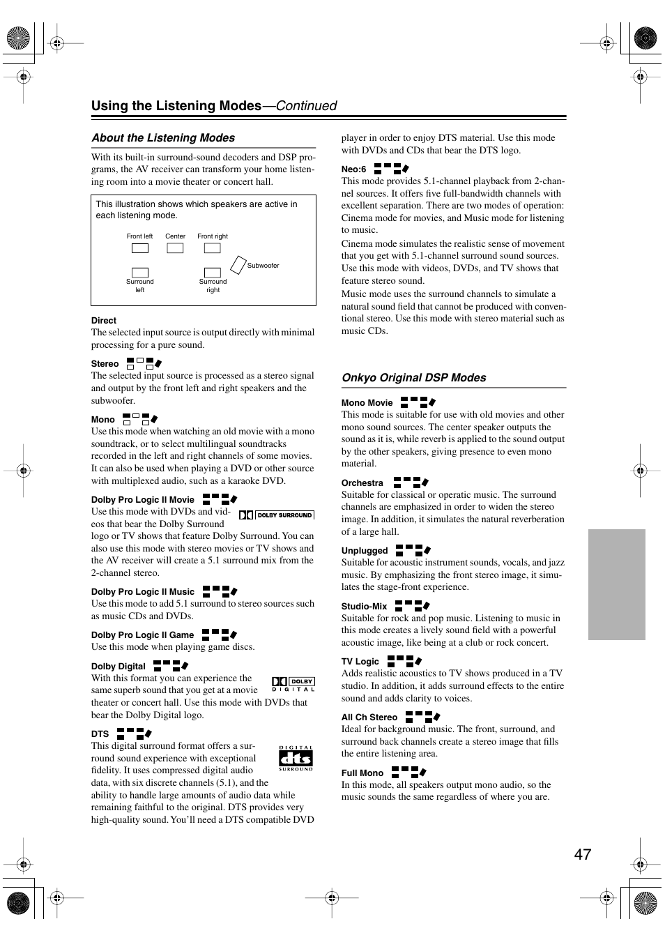 Using the listening modes —continued | Onkyo HT-S590 User Manual | Page 47 / 60