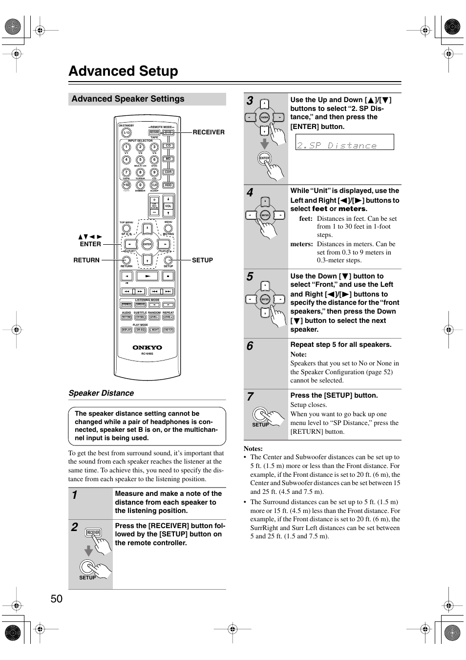 Advanced setup, Advanced speaker settings, Speaker distance | Onkyo HT-S590 User Manual | Page 50 / 60