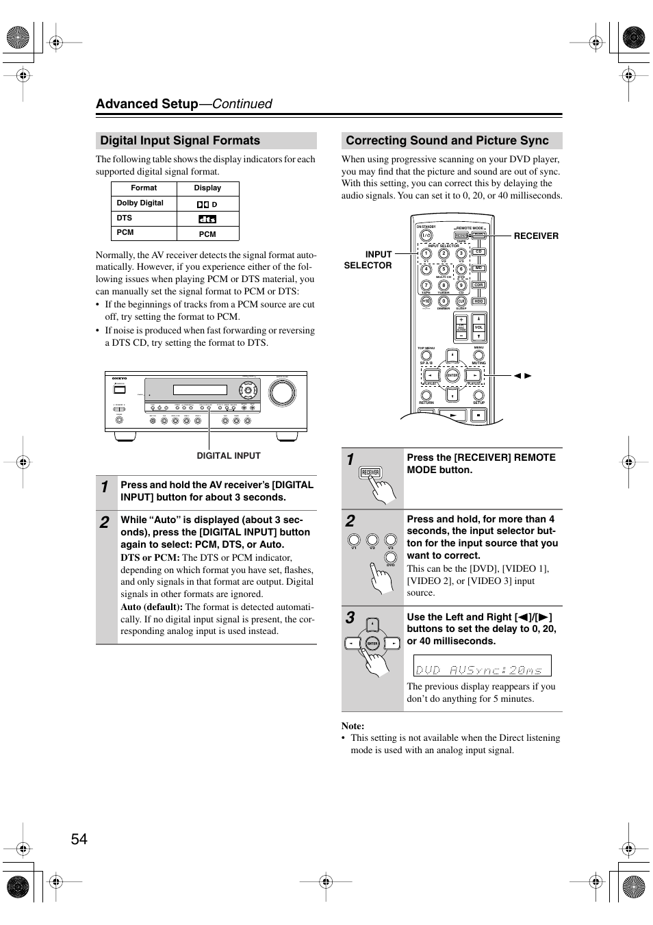 Advanced setup —continued, Digital input signal formats, Correcting sound and picture sync | Onkyo HT-S590 User Manual | Page 54 / 60