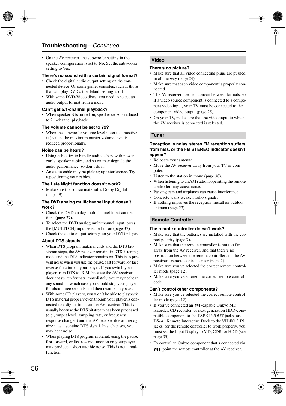 Troubleshooting —continued | Onkyo HT-S590 User Manual | Page 56 / 60