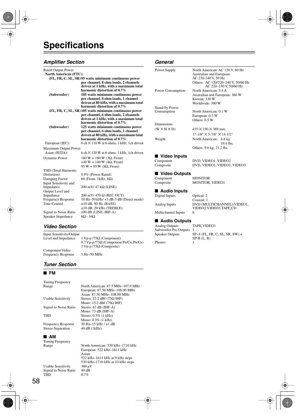 Specifications | Onkyo HT-S590 User Manual | Page 58 / 60